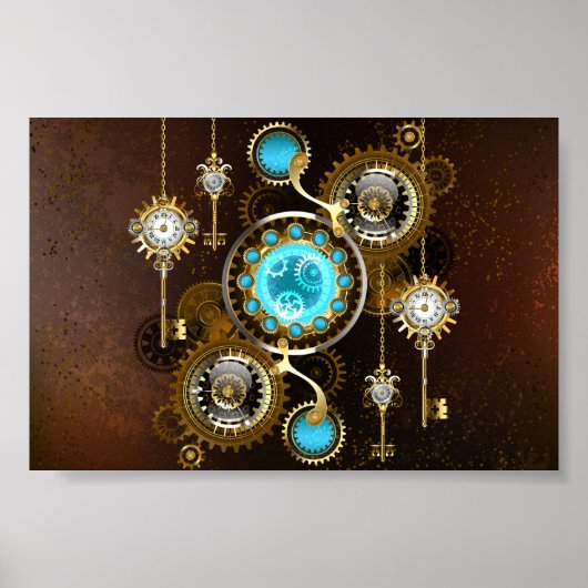 Steampunk Rusty Hintergrund mit türkisfarbenen Lin Poster (Vorne)