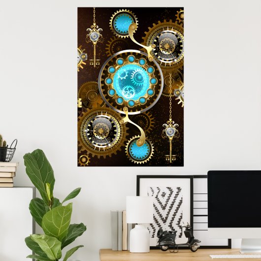 Steampunk Rusty Hintergrund mit türkisfarbenen Lin Poster (Heimbüro)