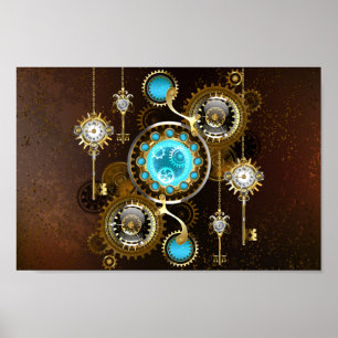Steampunk Rusty Hintergrund mit türkisfarbenen Lin Poster