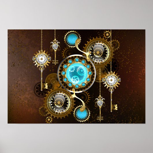 Steampunk Rusty Hintergrund mit türkisfarbenen Lin Poster (Vorne)