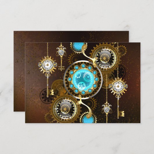 Steampunk Rusty Hintergrund mit türkisfarbenen Lin RSVP Karte (Vorne/Hinten)