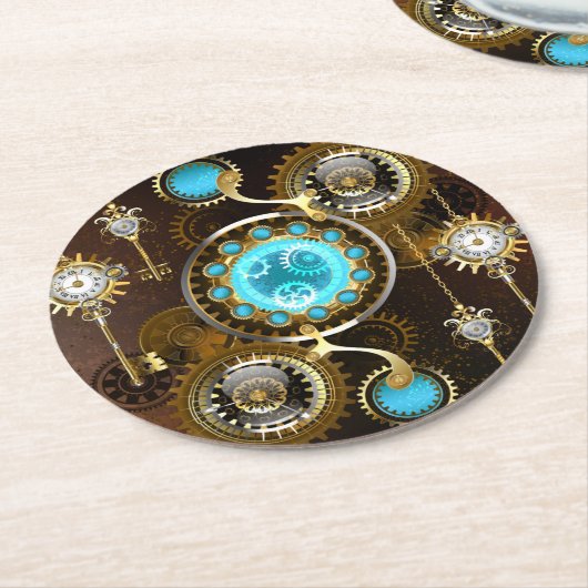 Steampunk Rusty Hintergrund mit türkisfarbenen Lin Runder Pappuntersetzer (Angewinkelt)