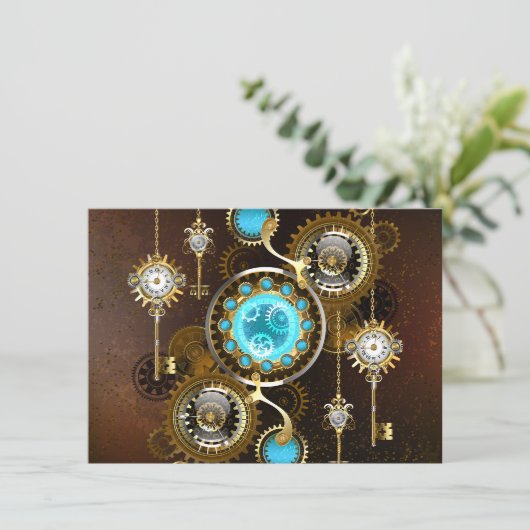 Steampunk Rusty Hintergrund mit türkisfarbenen Lin Save The Date (Stehend Vorderseite)