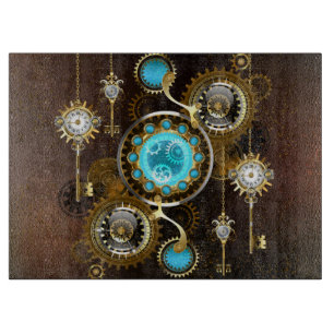 Steampunk Rusty Hintergrund mit türkisfarbenen Lin Schneidebrett