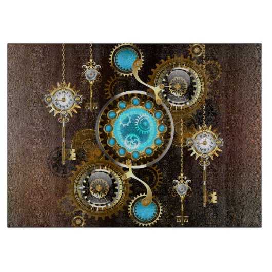 Steampunk Rusty Hintergrund mit türkisfarbenen Lin Schneidebrett (Vorderseite)