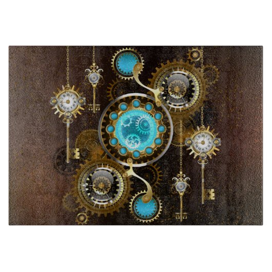 Steampunk Rusty Hintergrund mit türkisfarbenen Lin Schneidebrett (Vorderseite)