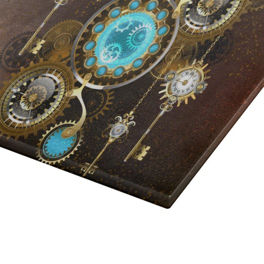 Steampunk Rusty Hintergrund mit türkisfarbenen Lin Schneidebrett (Ecke)