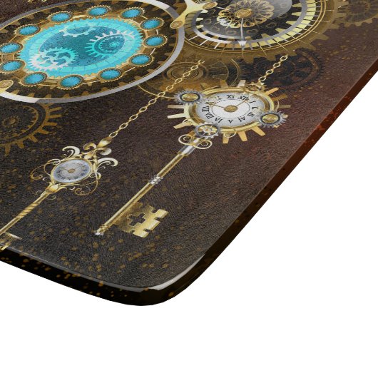 Steampunk Rusty Hintergrund mit türkisfarbenen Lin Schneidebrett (Ecke)