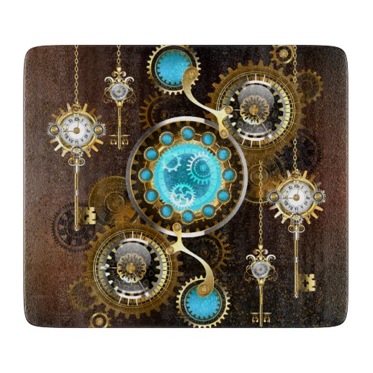 Steampunk Rusty Hintergrund mit türkisfarbenen Lin Schneidebrett (Vorderseite)