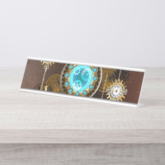 Steampunk Rusty Hintergrund mit türkisfarbenen Lin Schreibtischnamensplakette (Vorderseite )