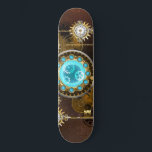 Steampunk Rusty Hintergrund mit türkisfarbenen Lin Skateboard<br><div class="desc">Türkisfarbene Linsen mit antiker Uhr mit Messinggetrieben und goldenen Tasten auf rostigem,  braunem Hintergrund. Steampunkstil.</div>