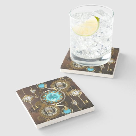 Steampunk Rusty Hintergrund mit türkisfarbenen Lin Steinuntersetzer (Seitenansicht)