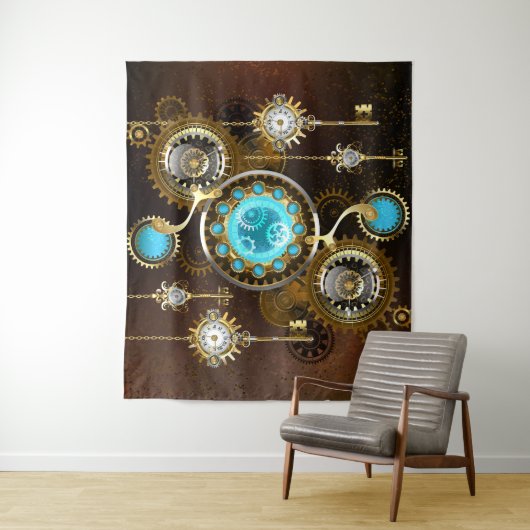 Steampunk Rusty Hintergrund mit türkisfarbenen Lin Wandteppich (Beispiel)