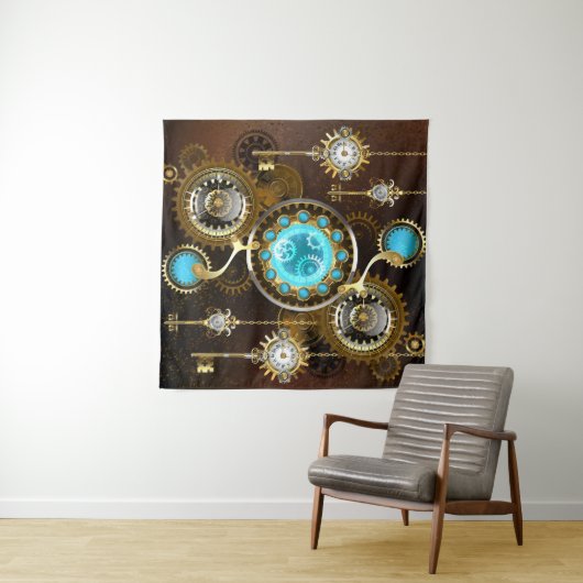 Steampunk Rusty Hintergrund mit türkisfarbenen Lin Wandteppich (Beispiel (Horizontal))