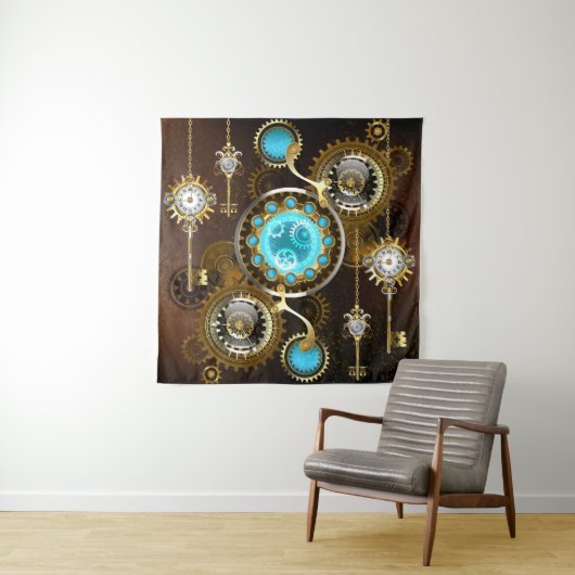 Steampunk Rusty Hintergrund mit türkisfarbenen Lin Wandteppich (Beispiel)