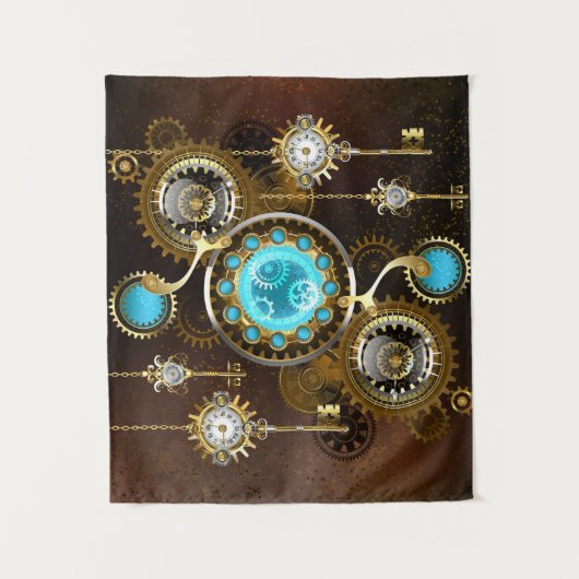 Steampunk Rusty Hintergrund mit türkisfarbenen Lin Wandteppich (Vorderseite)