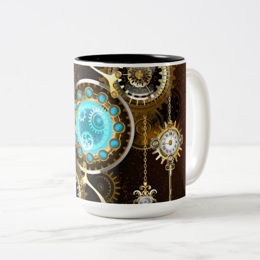 Steampunk Rusty Hintergrund mit türkisfarbenen Lin Zweifarbige Tasse (VorderseiteRechts)