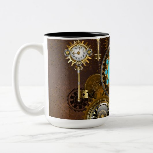 Steampunk Rusty Hintergrund mit türkisfarbenen Lin Zweifarbige Tasse (Links)