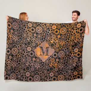 Steampunk Rusty Steel Gears Custom Monogram II Fleecedecke