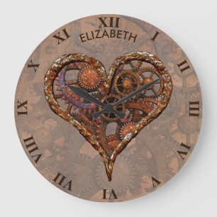 Steampunk Rusty Vintage Heart From Metal Gears Große Wanduhr