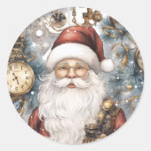 Steampunk Santa Claus Uhrwerk und Schneebäume Runder Aufkleber (Vorderseite)