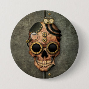Steampunk Schädel mit Schutzbrillen - Stahleffekt Button