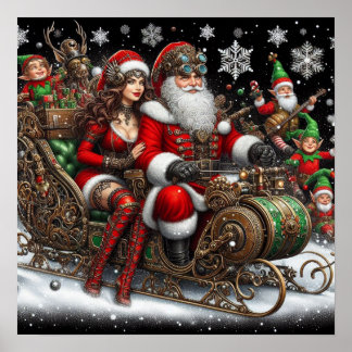 Steampunk Schlitten ~ Santa mit Ehefrau & Elfen 02 Poster