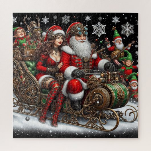 Steampunk Schlitten ~ Santa mit Ehefrau & Elfen 02 Puzzle (Vertikal)