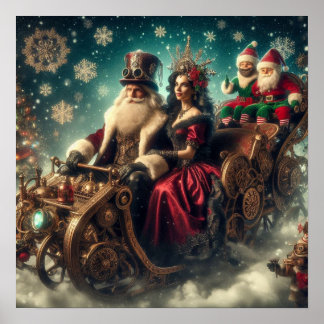 Steampunk Schlitten ~ Santa mit Ehefrau & Elfen 03 Poster