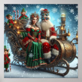 Steampunk Schlitten ~ Santa mit Ehefrau und Elfen Poster (Vorne)