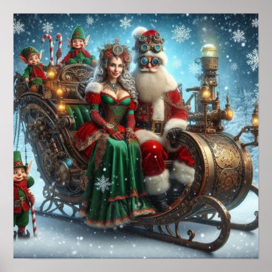 Steampunk Schlitten ~ Santa mit Ehefrau und Elfen Poster (Vorne)