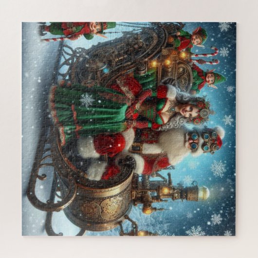 Steampunk Schlitten ~ Santa mit Ehefrau und Elfen Puzzle (Horizontal)