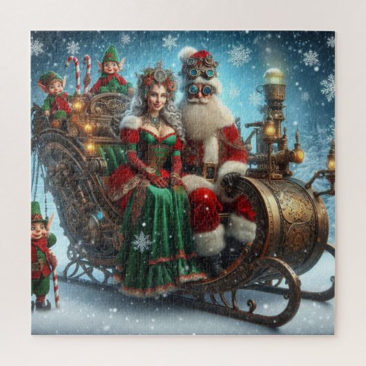 Steampunk Schlitten ~ Santa mit Ehefrau und Elfen Puzzle (Vertikal)