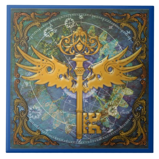 Steampunk-Schlüssel mit Flügeln Fliese (Vorderseite)