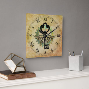 Steampunk-Schlüssel mit Flügeln & Zahnrad Quadratische Wanduhr