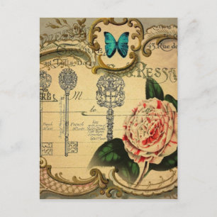 Steampunk-Schlüssel moderne Vintage-Rosa-Blüten-Ka Postkarte