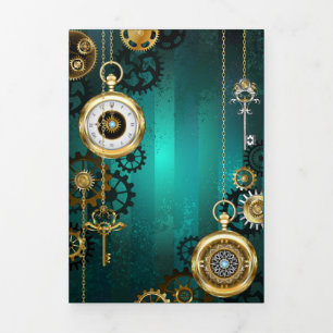 Steampunk-Schmuck Uhr auf grünem Hintergrund Dreifach Gefaltete Urlaubskarte