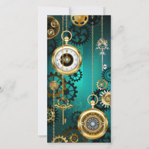 Steampunk-Schmuck Uhr auf grünem Hintergrund Feiertagskarte