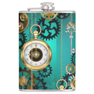 Steampunk-Schmuck Uhr auf grünem Hintergrund Flachmann