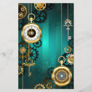 Steampunk-Schmuck Uhr auf grünem Hintergrund Flyer
