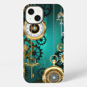 Steampunk-Schmuck Uhr auf grünem Hintergrund iPhone 13 Hülle