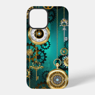 Steampunk-Schmuck Uhr auf grünem Hintergrund iPhone 12 Pro Hülle