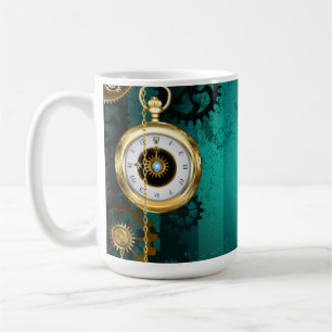 Steampunk-Schmuck Uhr auf grünem Hintergrund Kaffeetasse