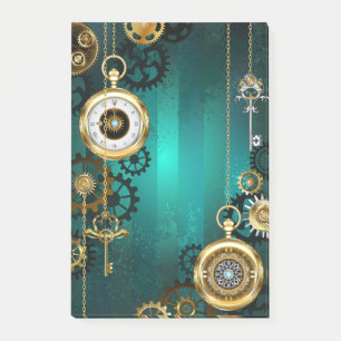 Steampunk-Schmuck Uhr auf grünem Hintergrund Post-it Klebezettel