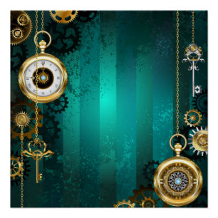 Steampunk-Schmuck Uhr auf grünem Hintergrund Poster