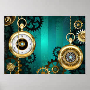 Steampunk-Schmuck Uhr auf grünem Hintergrund Poster