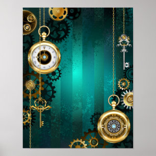 Steampunk-Schmuck Uhr auf grünem Hintergrund Poster