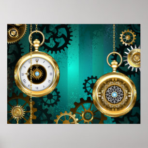 Steampunk-Schmuck Uhr auf grünem Hintergrund Poster