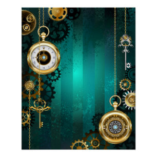 Steampunk-Schmuck Uhr auf grünem Hintergrund Poster