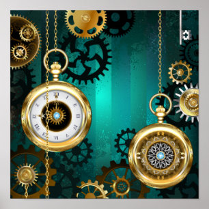 Steampunk-Schmuck Uhr auf grünem Hintergrund Poster